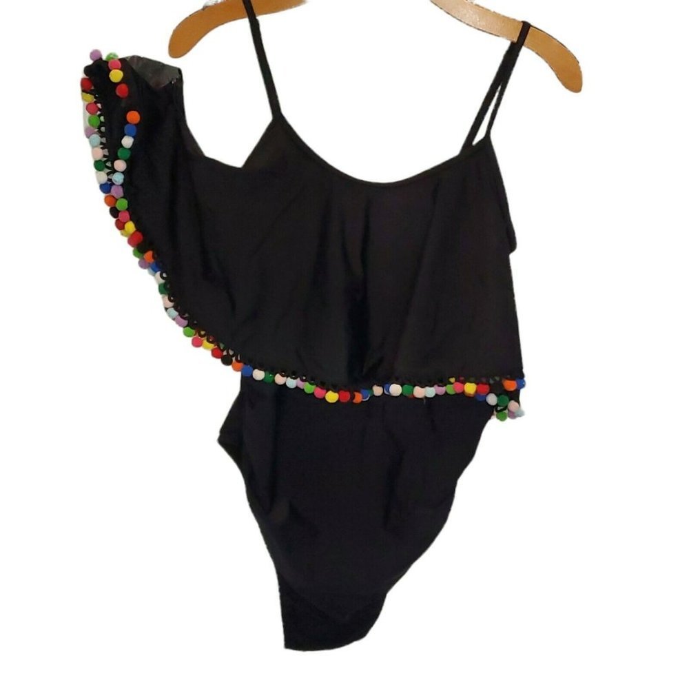 Boohoo Maternity Black One Piece Swimsuit Cold Shoulder Poms Size 10โ